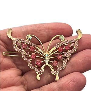 Gold and Pink Crystal Rhinestone Butterfly Hair Clip 3,0”